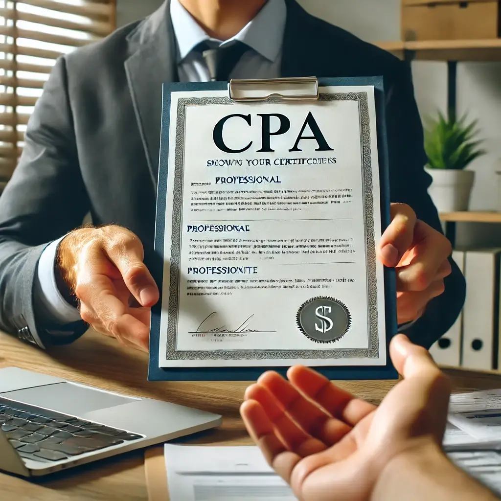 Image placeholder: A CPA showing their credentials to a business owner in an office setting.