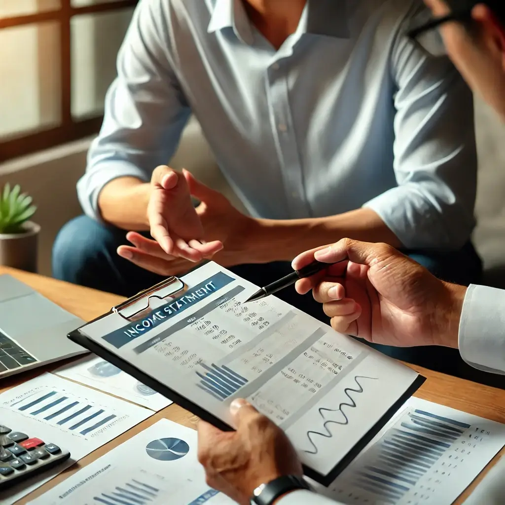 Image placeholder: A financial advisor explaining an income statement to a client.