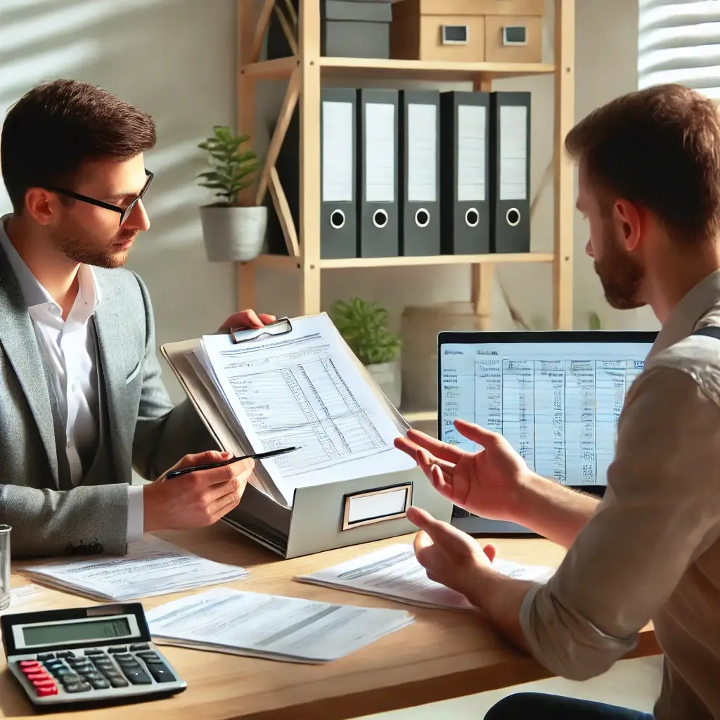 Image placeholder: A CPA organizing financial documents for a small business owner.