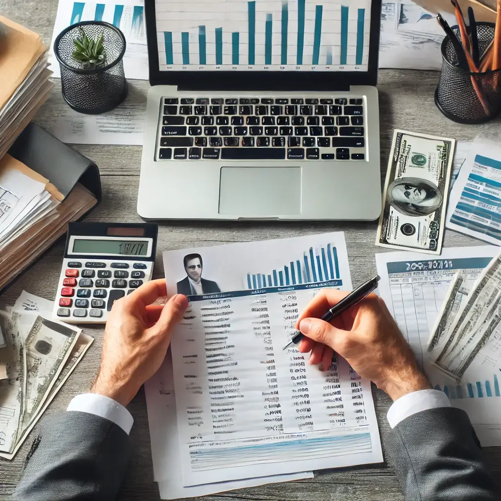 Image placeholder: A small business owner organizing receipts and invoices at their desk.