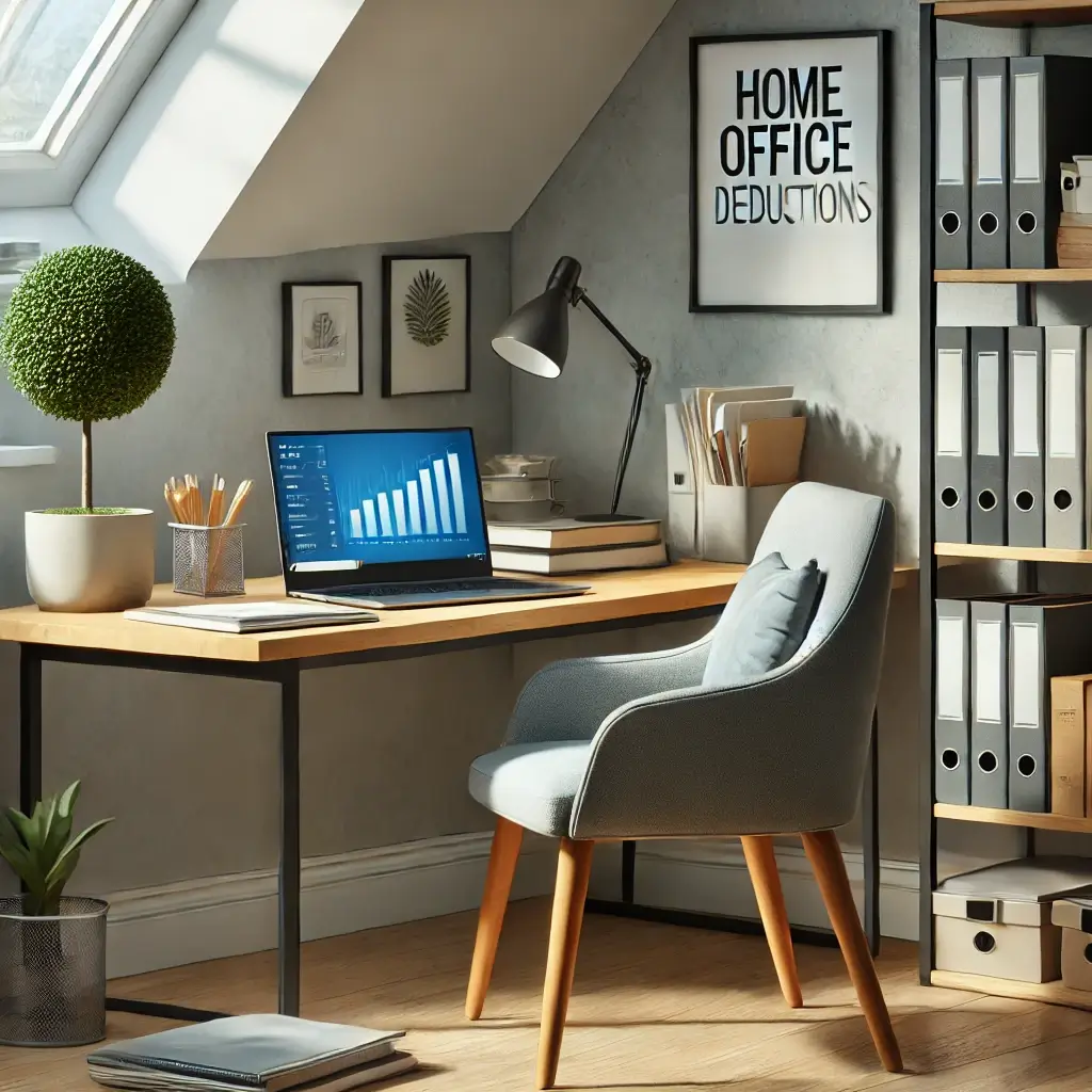 Image placeholder: A home office setup with a laptop and documents, representing deductible expenses.