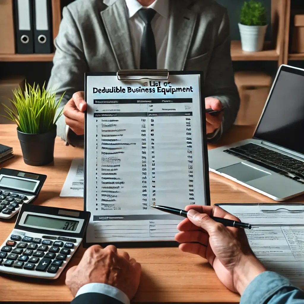 Image placeholder: A CPA reviewing a list of deductible business equipment with a client.