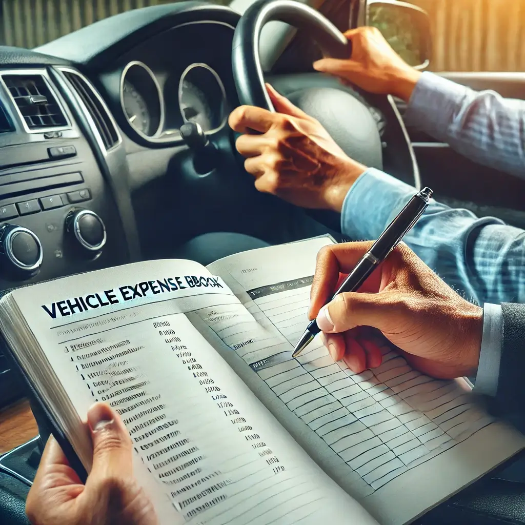 Image placeholder: A business owner filling out a vehicle expense logbook in their car.