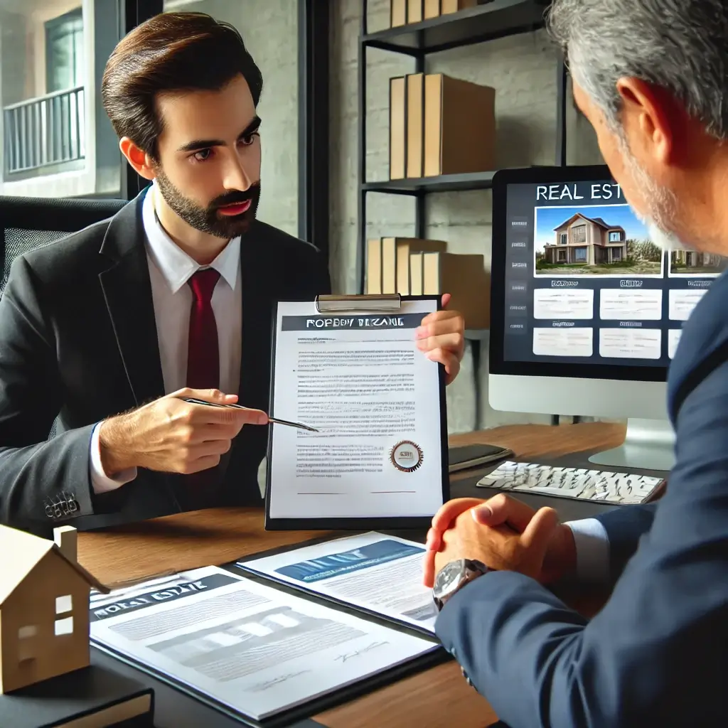 A real estate agent showing property sale documents to a client.