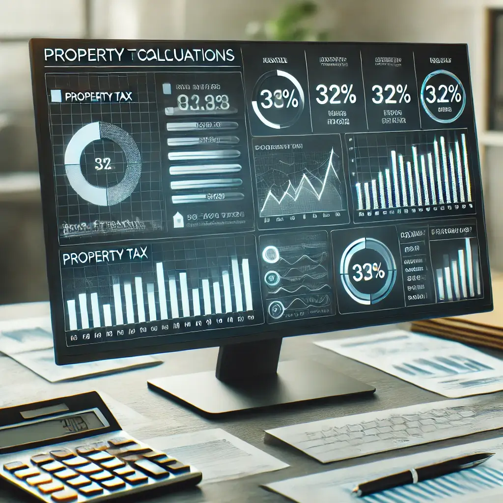A digital dashboard showing property tax calculations.