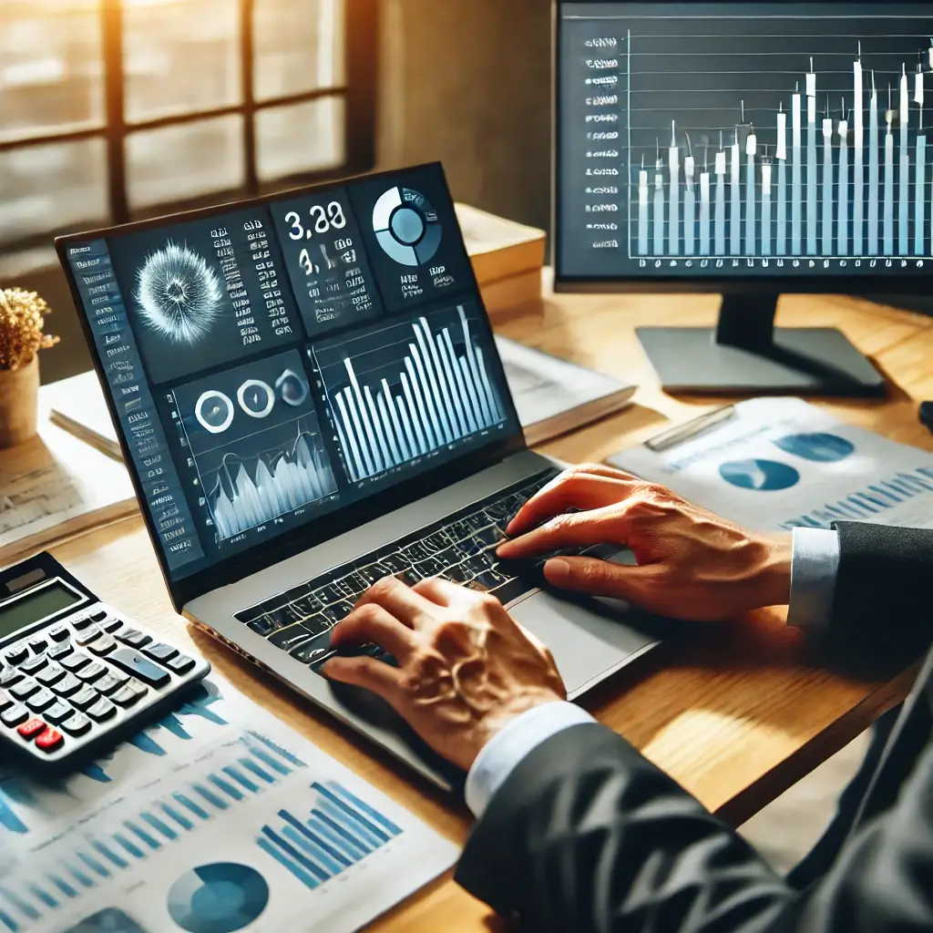 A business owner using accounting software on a laptop.