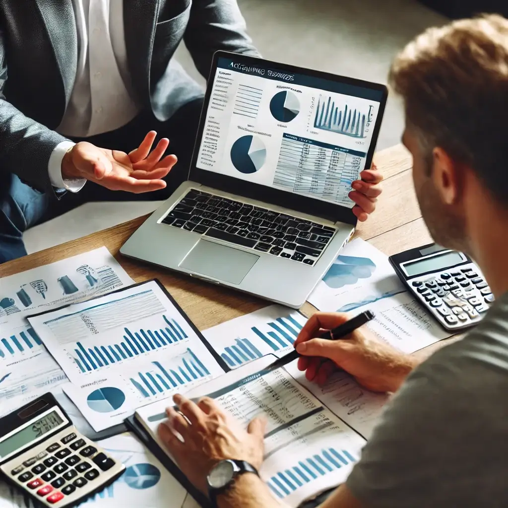 A CPA assisting a business owner with accounting software setup.
