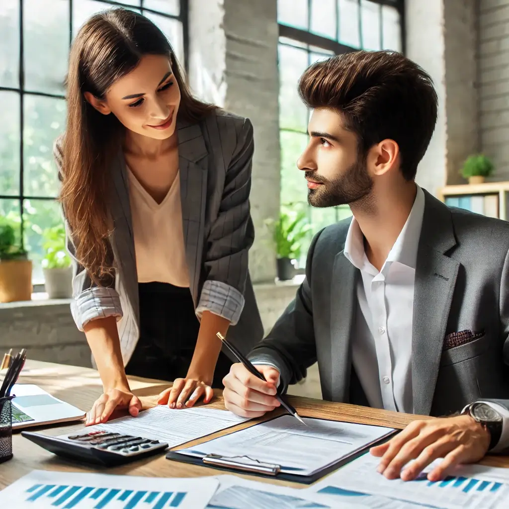 Tax consultant discussing deductions with a freelancer.