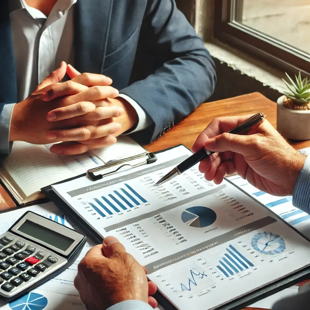 Financial consultant reviewing income statements.