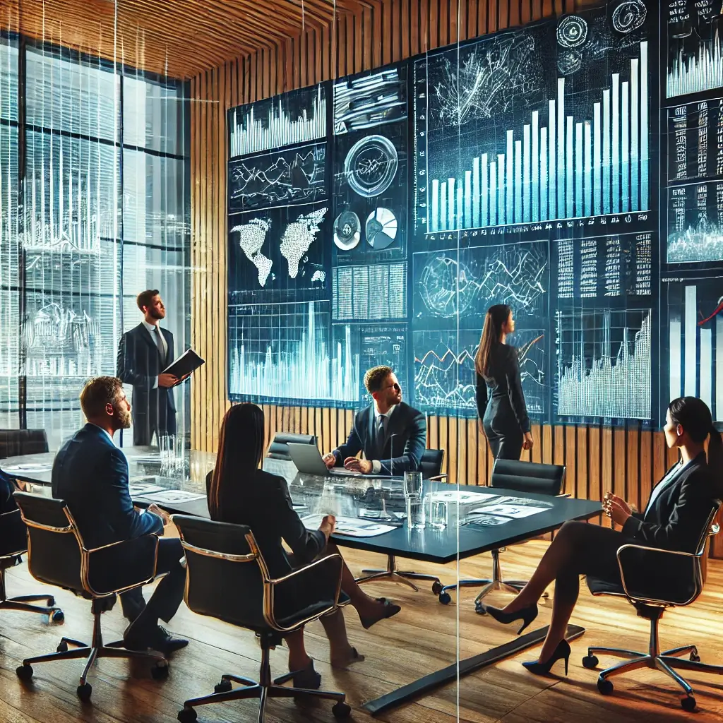 Business team discussing financial strategy.