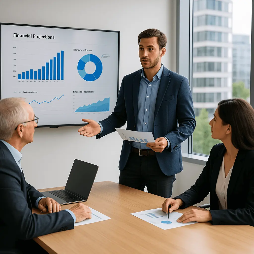 Entrepreneur presenting financial charts to investors.