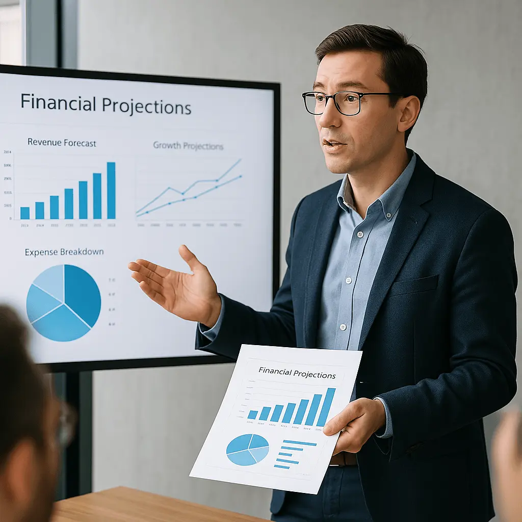 Founder explaining financial projections during a pitch.