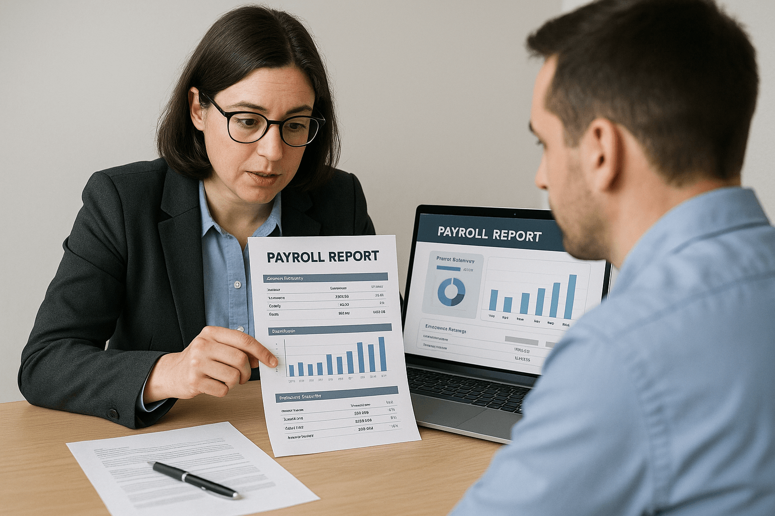 An accountant reviewing payroll reports with a client.