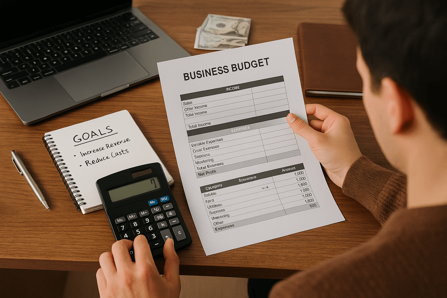 Business owner reviewing budget template
