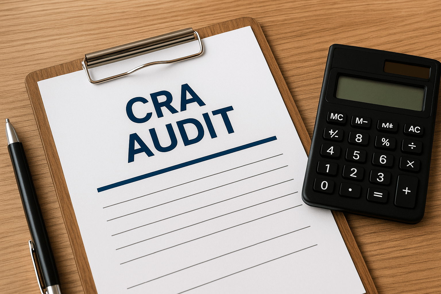 CRA audit document and calculator on desk