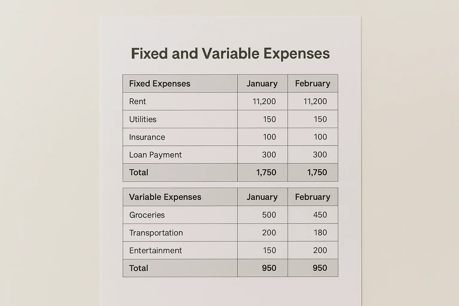 Spreadsheet showing fixed and variable expenses