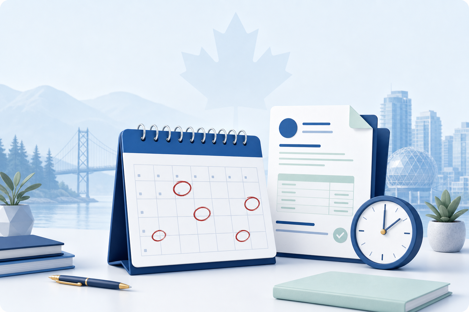 2026 Corporate Tax Deadlines in Canada Calendar Desk calendar marking 2026 corporate tax deadlines in Canada beside a T2 tax document and clock