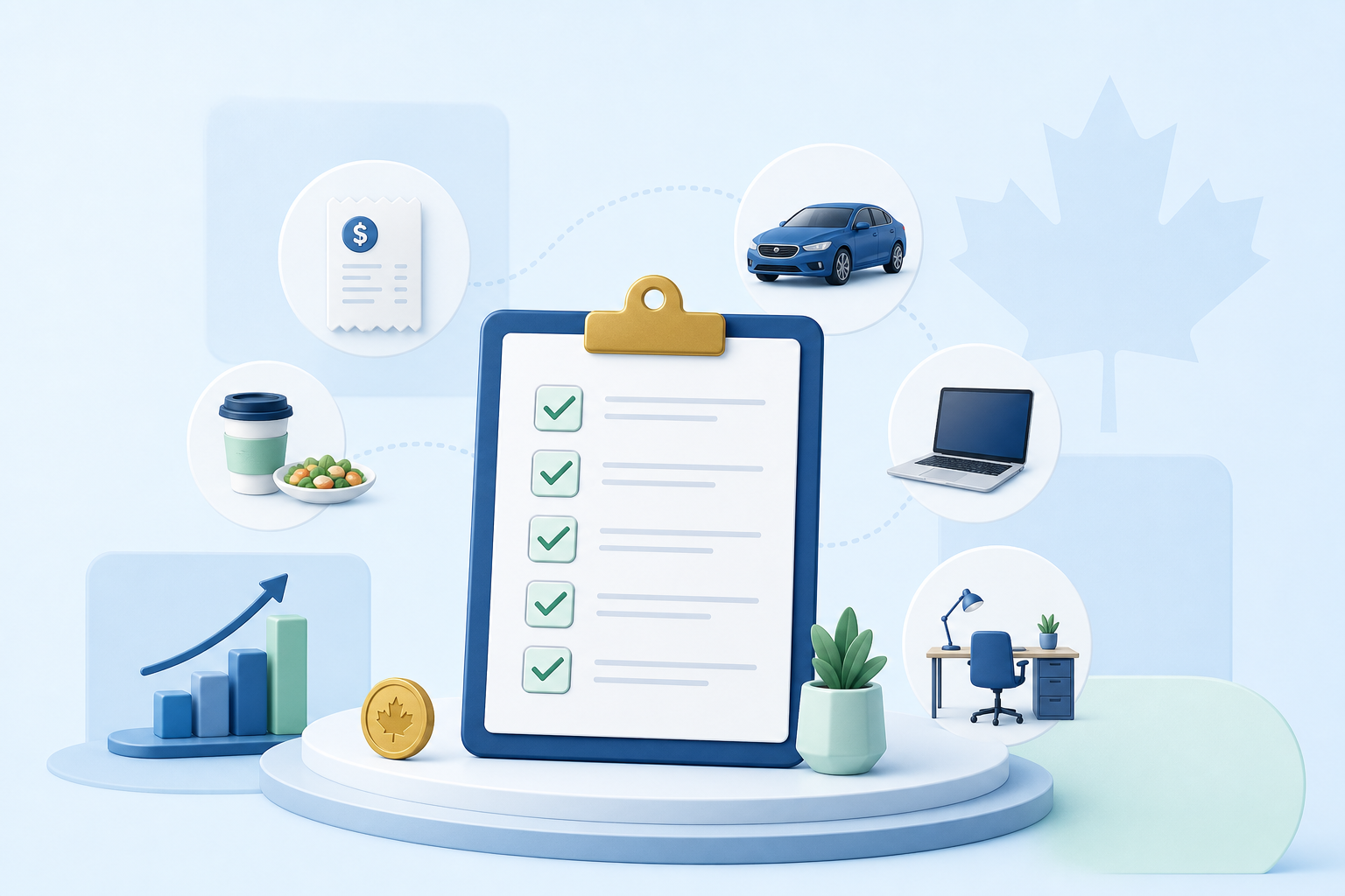 Business expense checklist for Canadian corporations with receipt, vehicle, laptop and home office icons