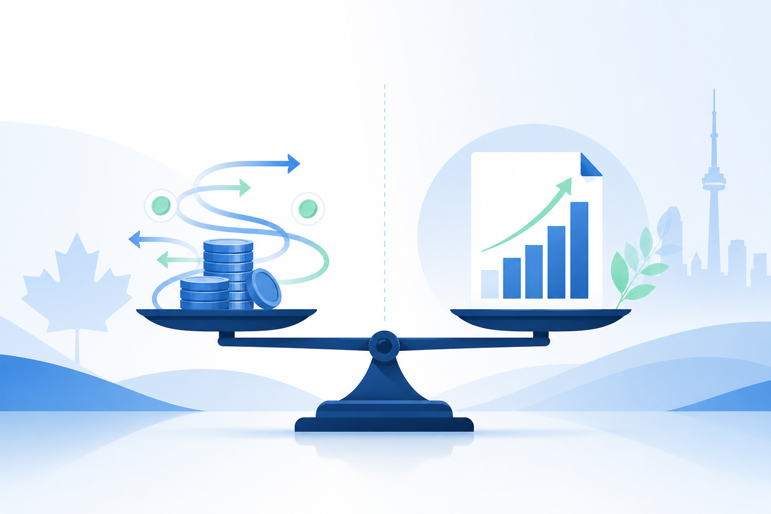 Balance scale comparing business cash flow against profit on a financial report