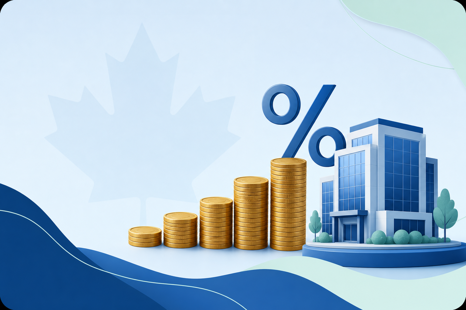 Rising stacks of coins with a percent sign and an office building representing corporate tax rates in Canada