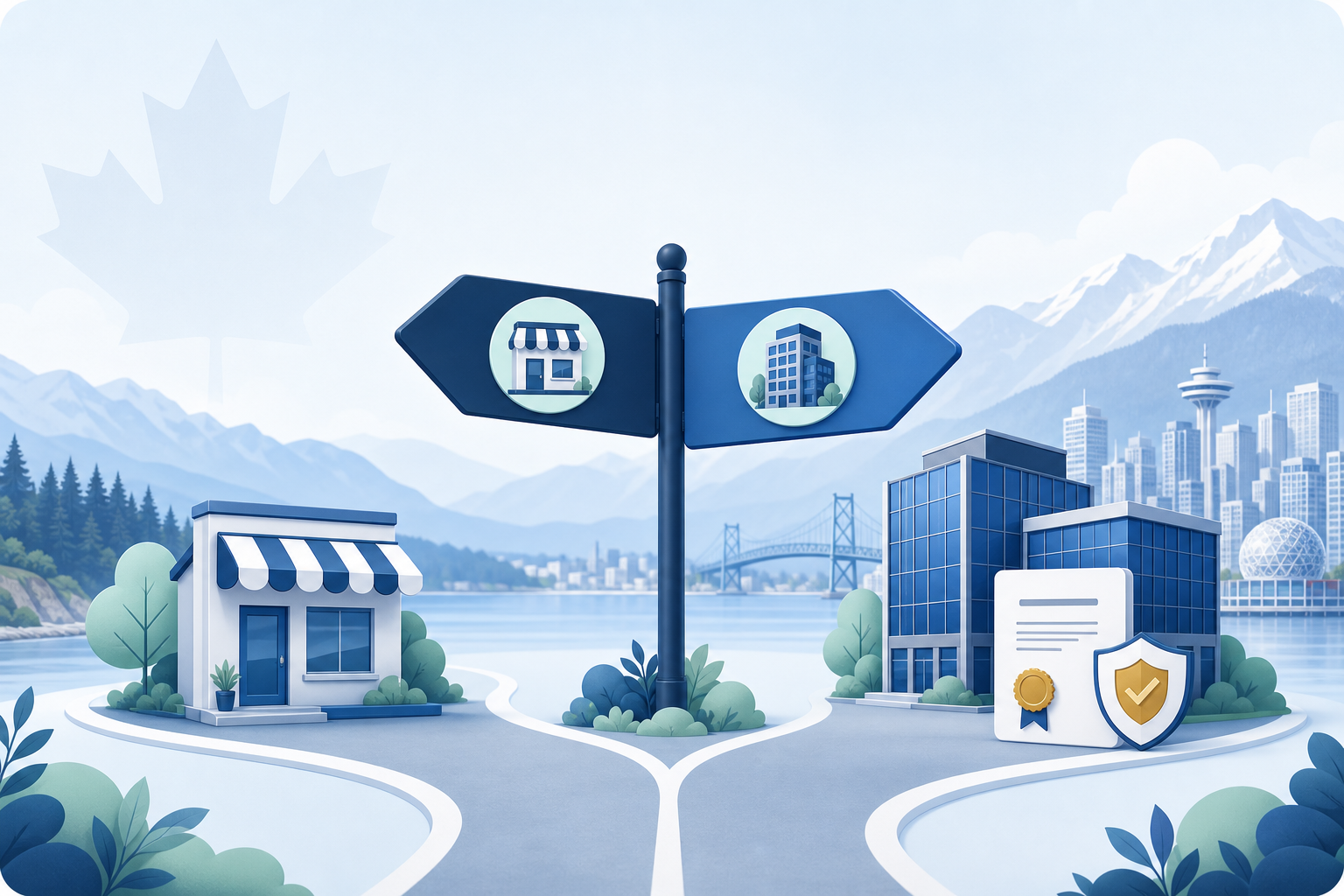 Signpost comparing a sole proprietor storefront and an incorporated business in British Columbia