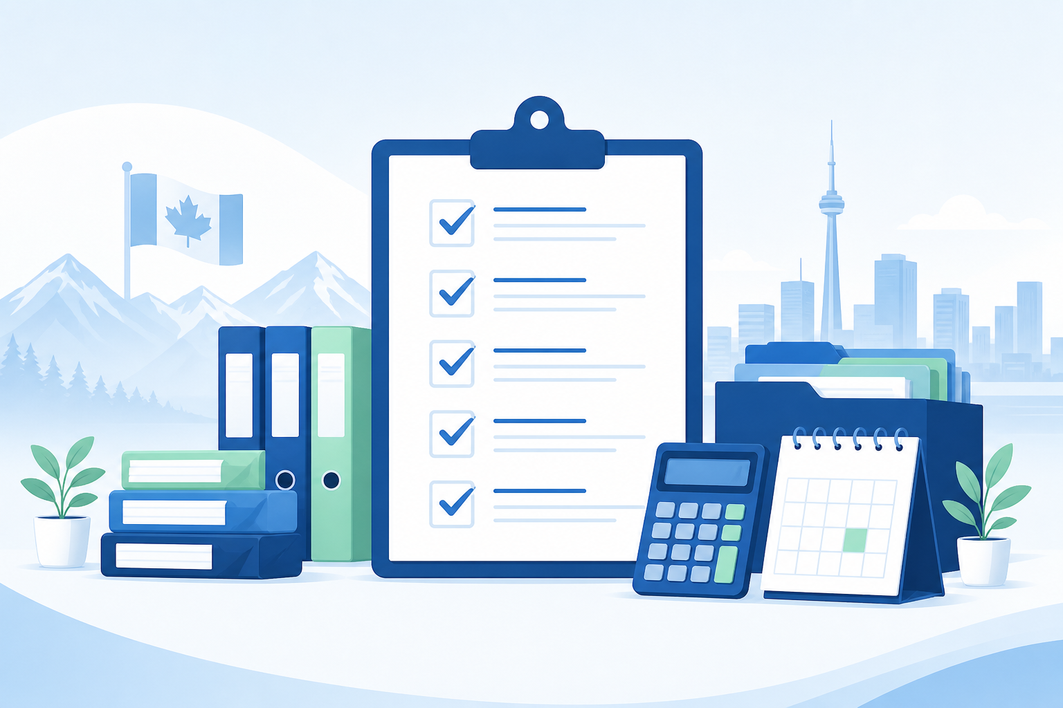 Year-end accounting checklist for Canadian businesses Year-end accounting checklist with organized files and calculator for Canadian businesses